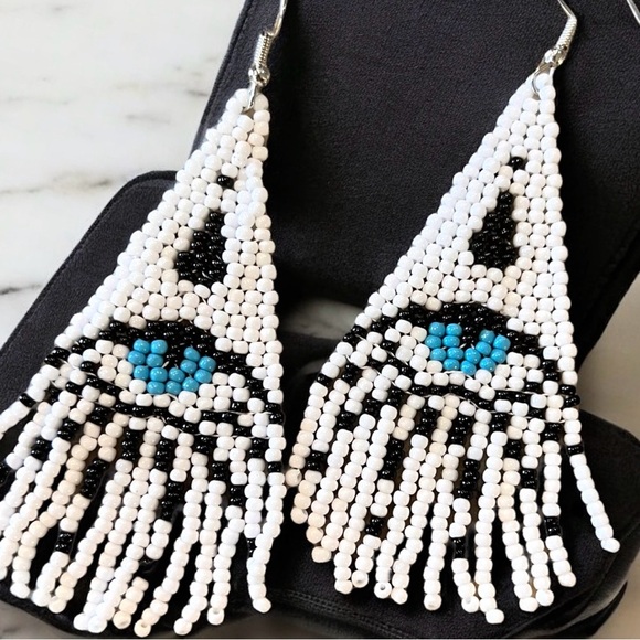 Evil Eye Seed Bead Fringe Earrings: Boho Dangle Earrings Handcrafted White Blue - Picture 16 of 17